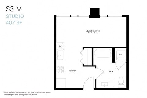Floor plan for studio, 1 bath, 407 sqft